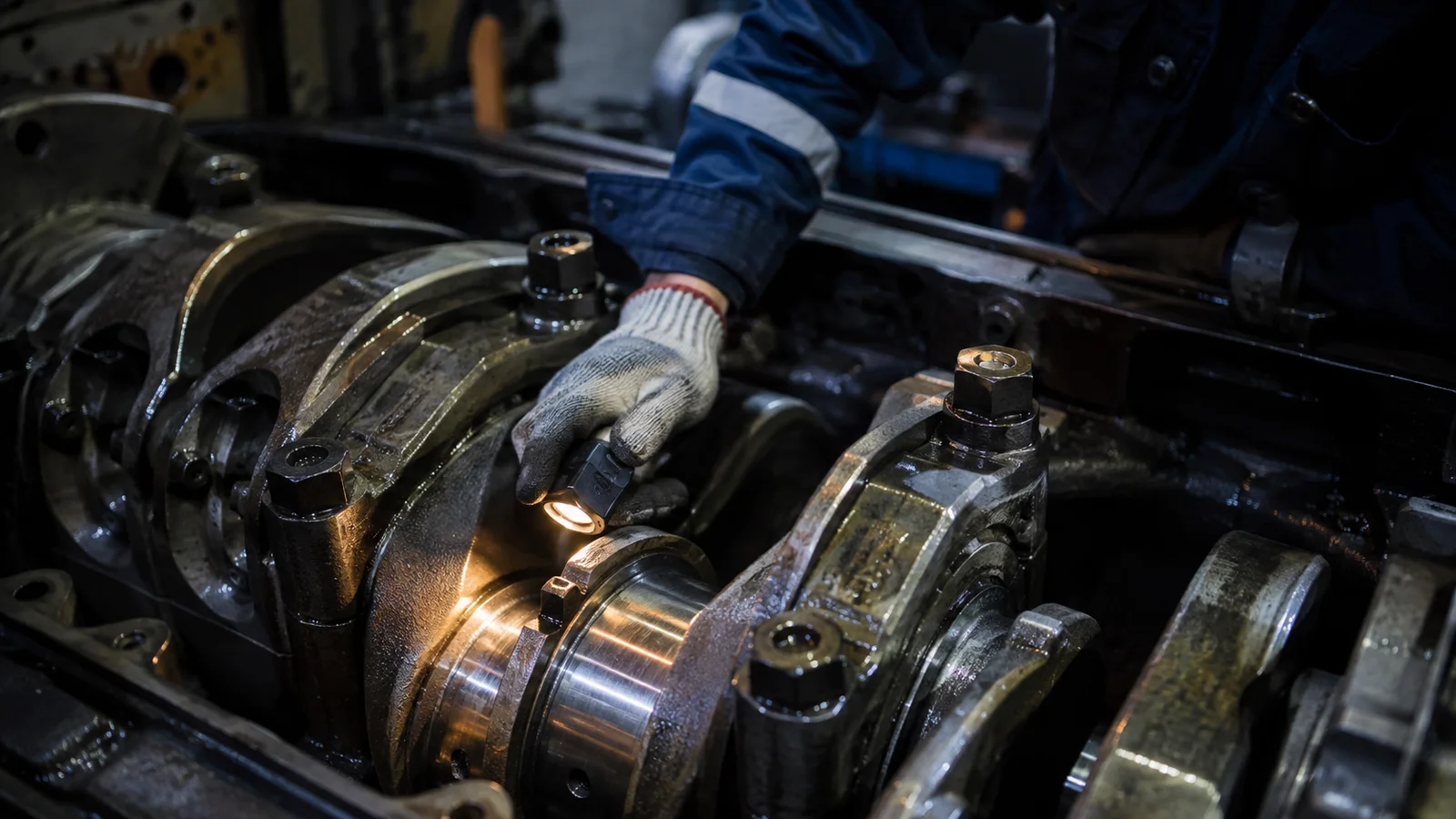 Marine engine components being inspected during maintenance