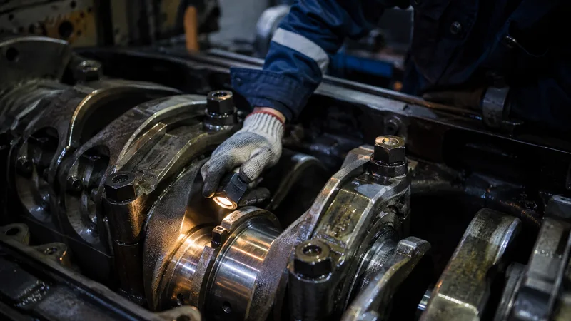 Marine engine components being inspected during maintenance