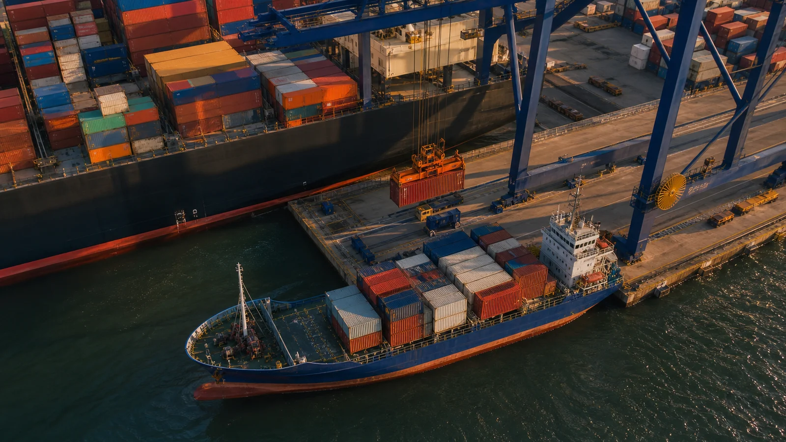 Container transfer operations beside large and small ships at a hub port