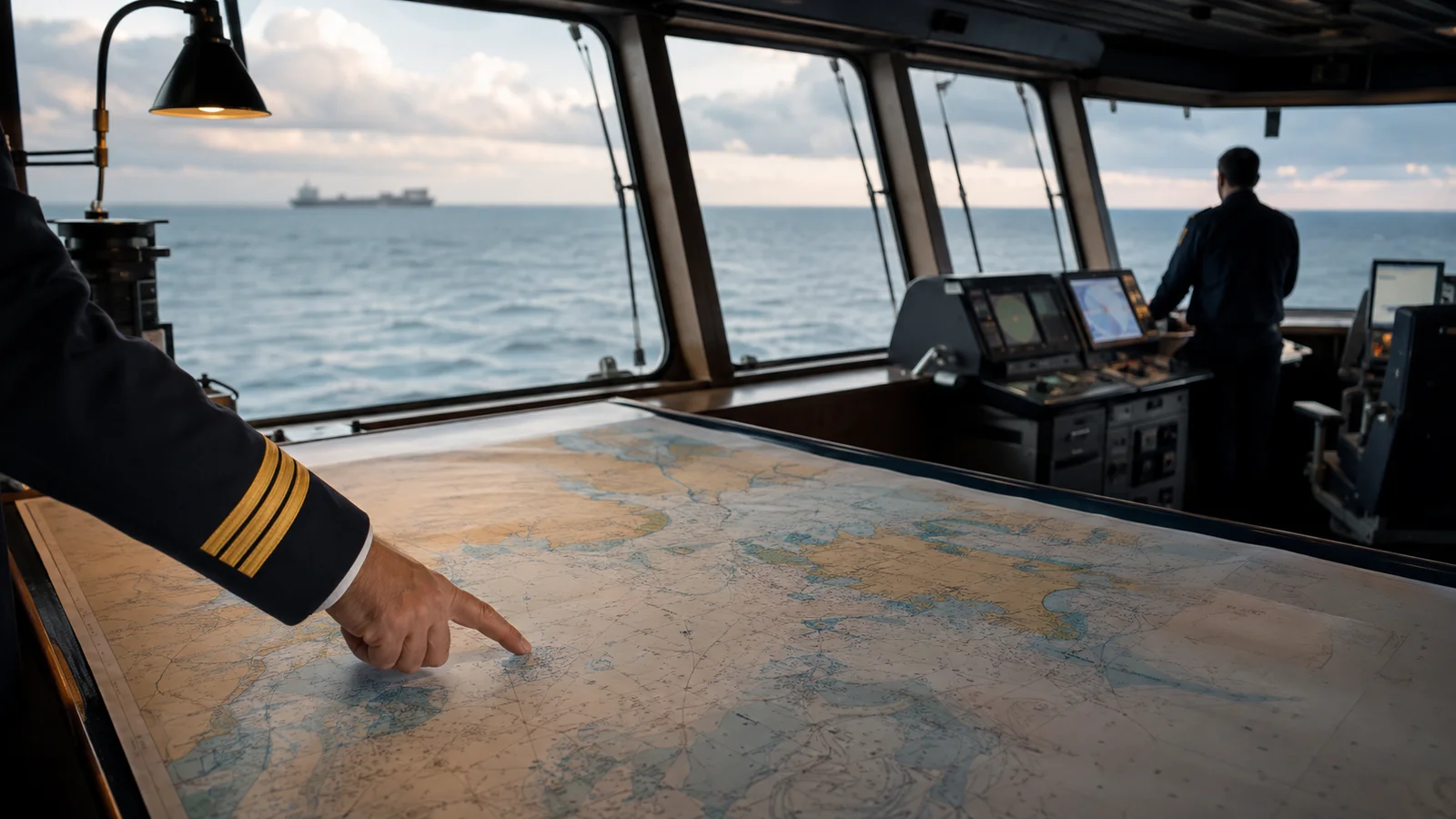 Officer reviewing an ocean chart on a ship bridge table