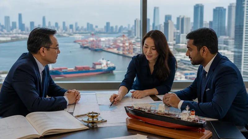 International shipping team meeting in an office overlooking a river port