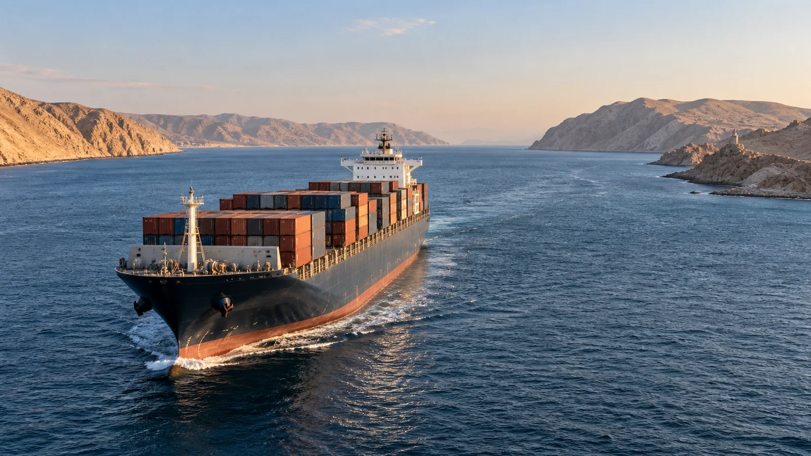Commercial cargo vessel navigating wide arid coastal strait no conflict, editorial illustration