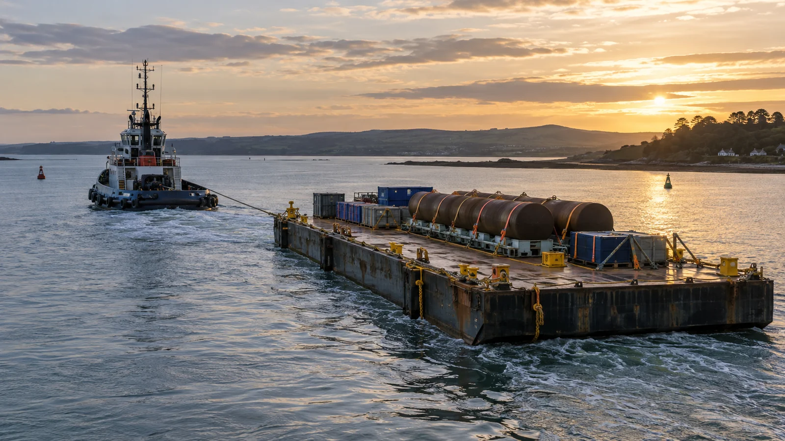 Barge mit offenem Deck unter Schlepptau in einem geschützten Flussmündungsgebiet, Illustration.