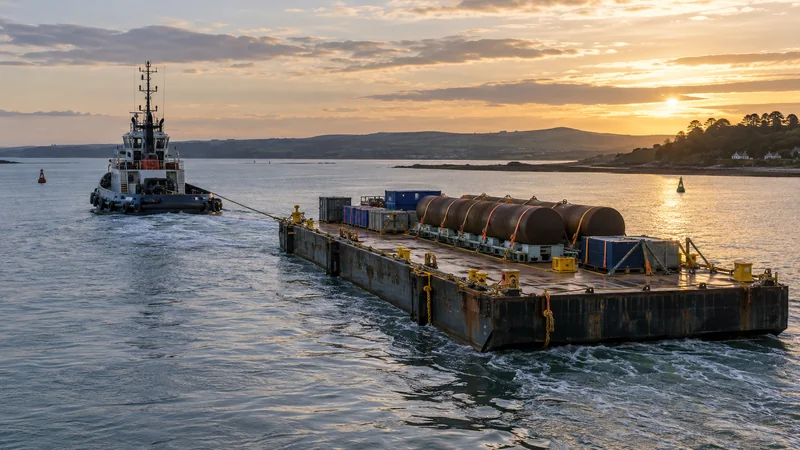 Flat deck cargo barge under tow in a sheltered estuary, editorial illustration