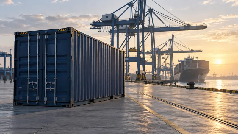 A loaded container waiting on an empty quay beside gantry cranes, editorial illustration