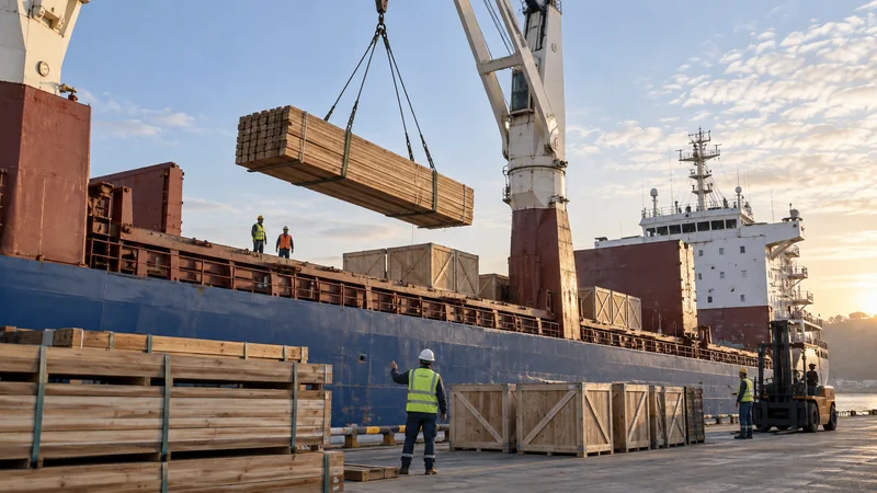 Breakbulk ship loading bundled timber and large crates with ship crane, editorial illustration