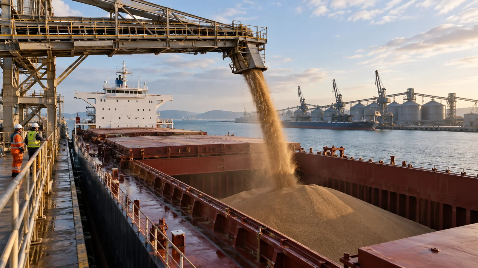 Bulk cargo conveyor feeding a vessel hold at an industrial port, editorial illustration