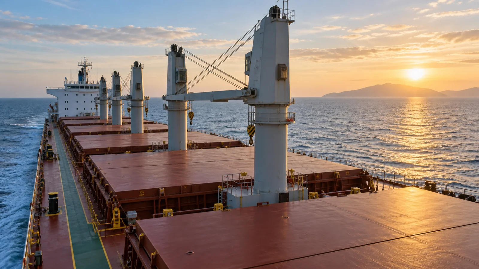 Bulk carrier with open cargo holds at a working port, editorial illustration