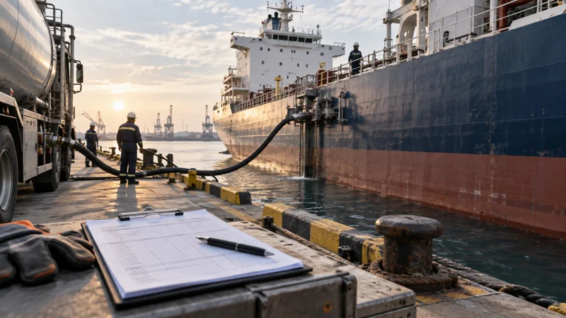 A commercial ship receiving fuel alongside a dock with an invoice clipboard in foreground, editorial illustration