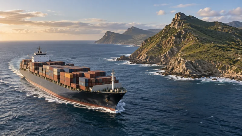 A container ship passing a rugged green cape in open ocean, editorial illustration