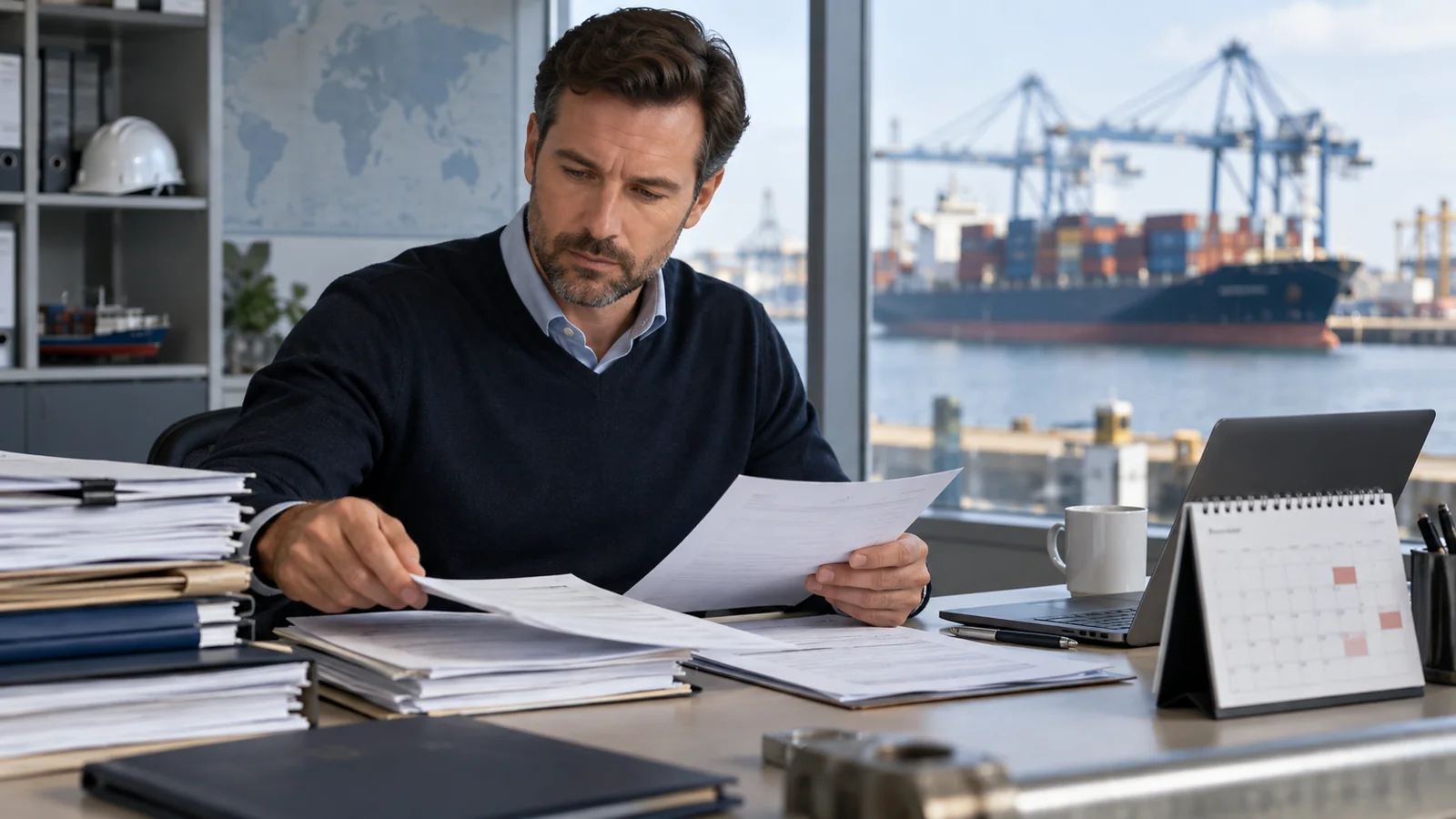 A claims handler arranging dated shipping documents and a simple calendar, editorial illustration