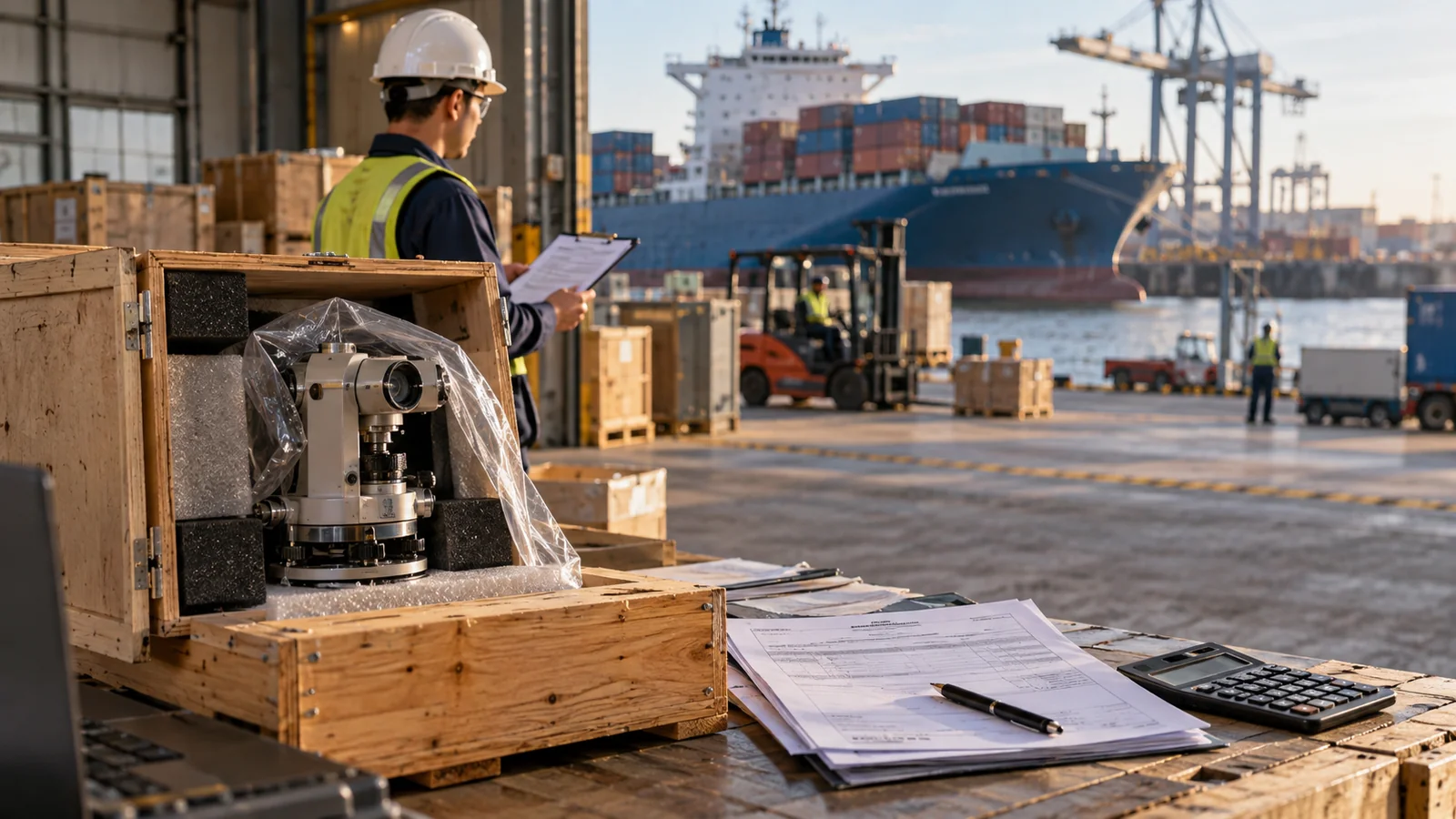 Cargo invoices and packaged precision instrument in export warehouse, editorial illustration