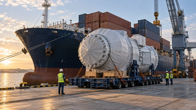 Oversized packaged machine beside freight containers at loading quay, editorial illustration
