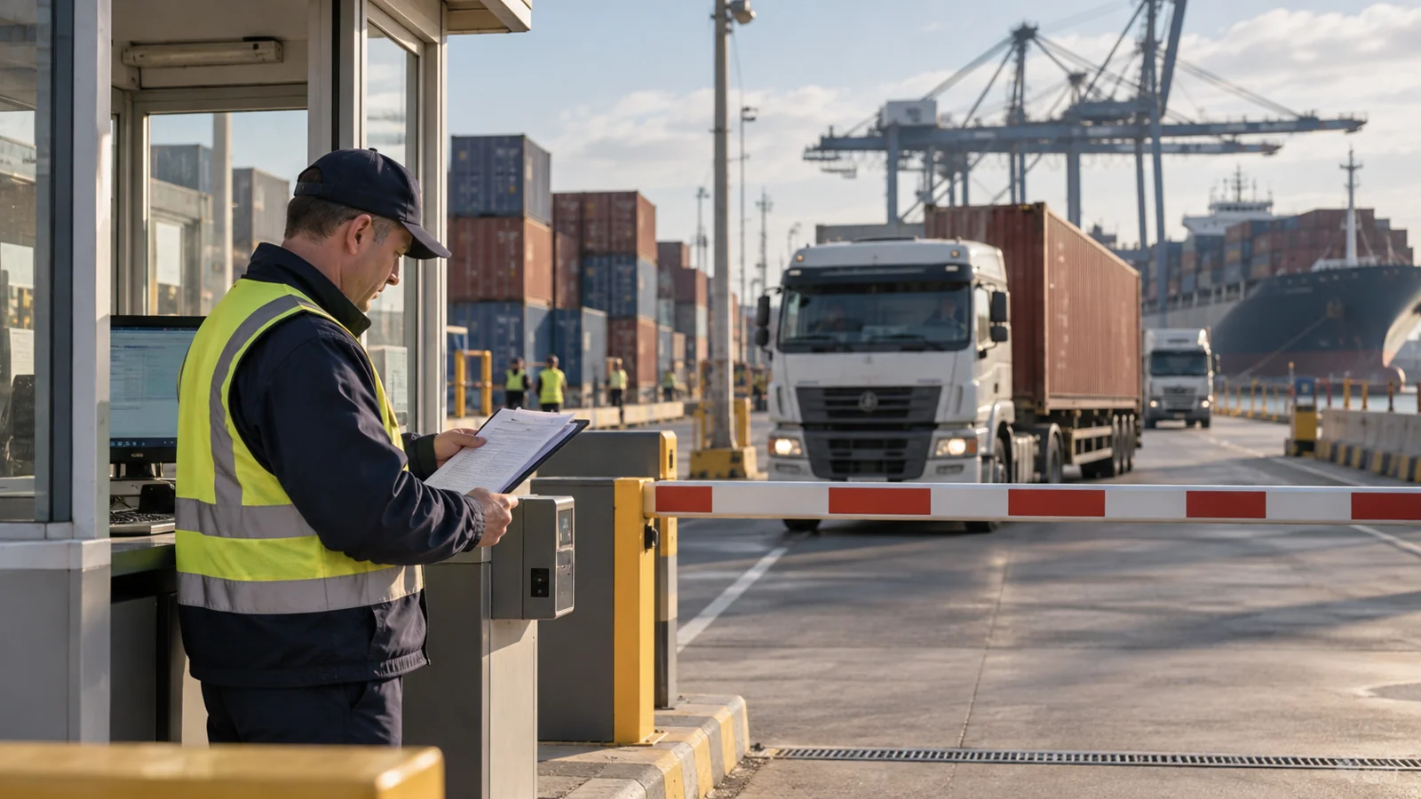 A container gate officer checking release records before opening a barrier, editorial illustration