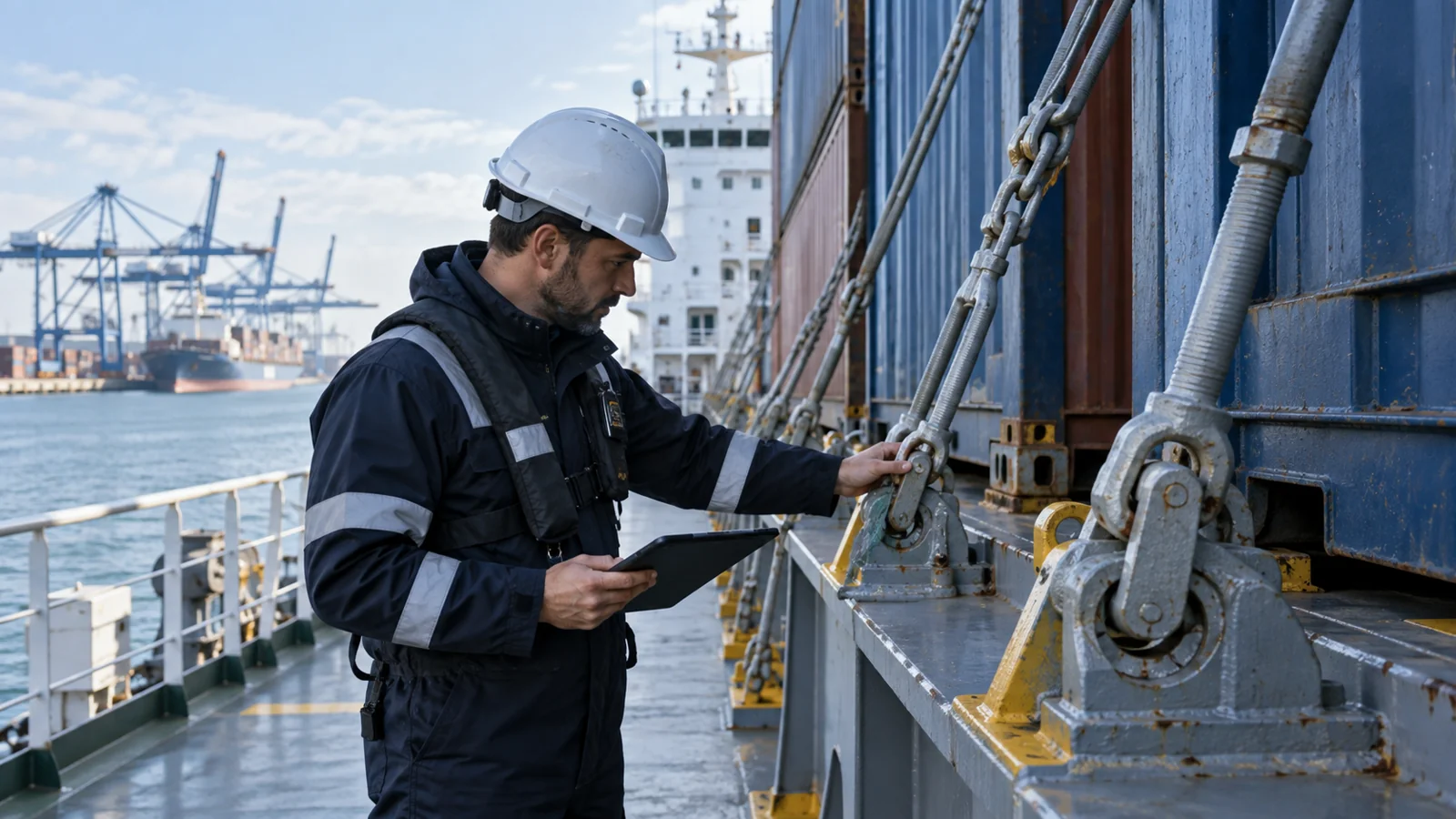 Officier de navire inspectant les équipements d’arrimage à côté de piles de conteneurs sécurisés, illustration éditoriale