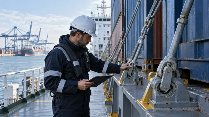 A ship officer checking lashing equipment beside secured container stacks, editorial illustration