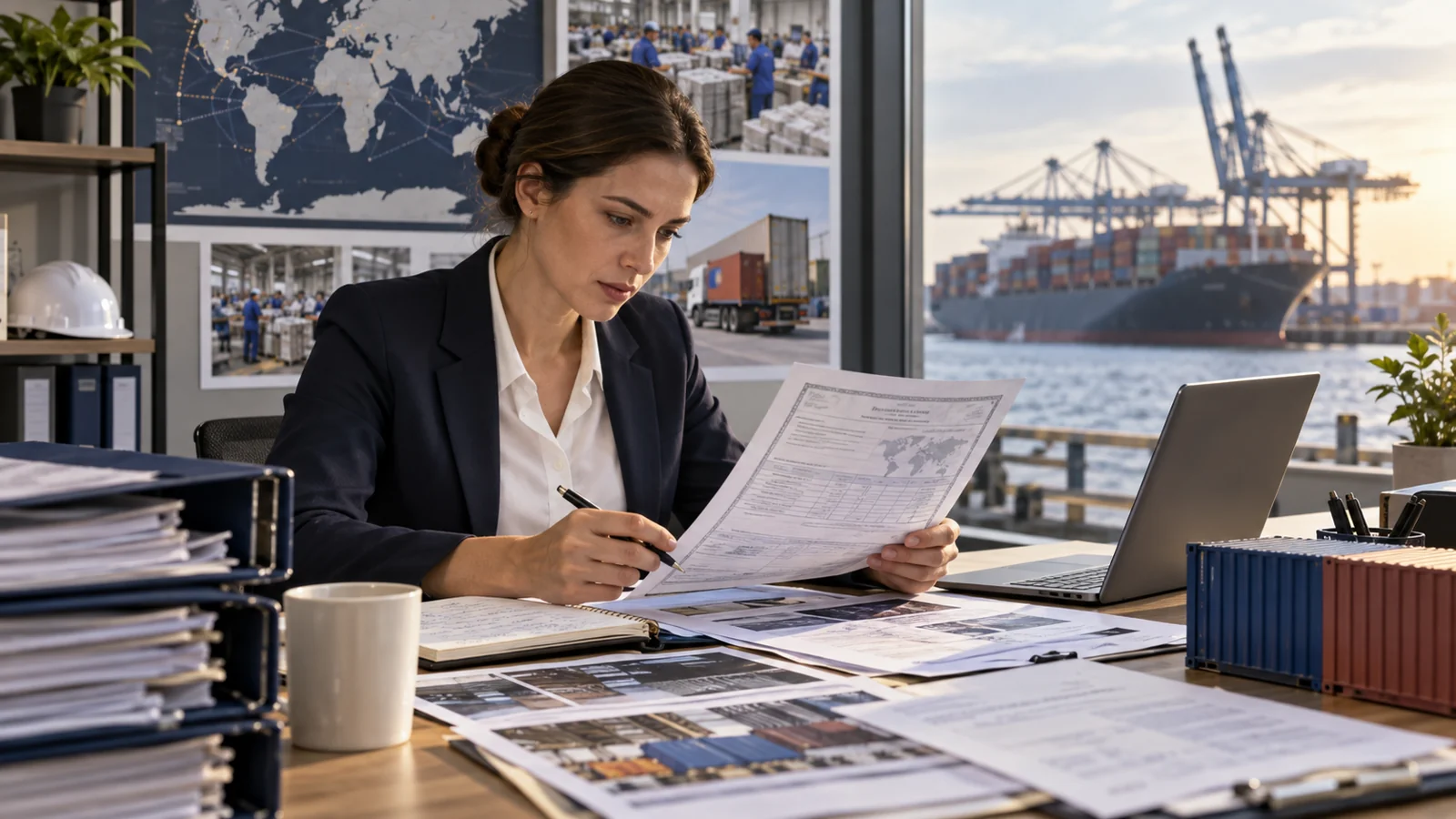 A supply chain analyst examining factory and shipment records on a desk, editorial illustration