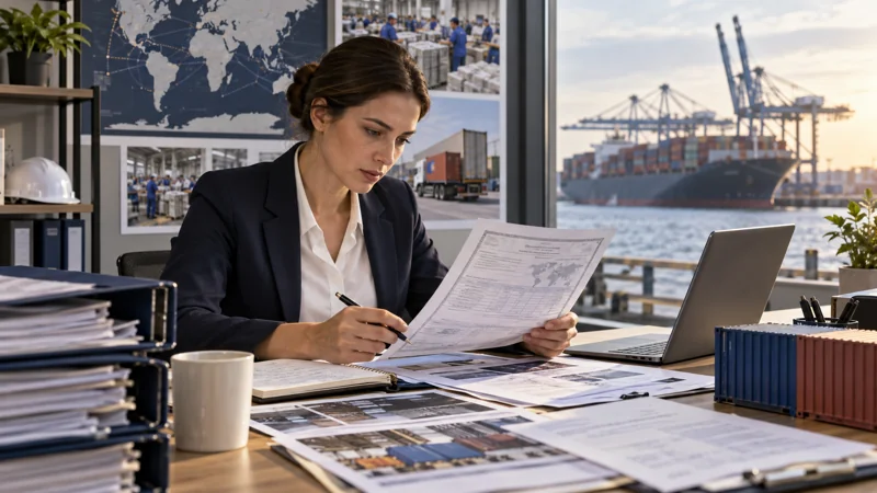 A supply chain analyst examining factory and shipment records on a desk, editorial illustration
