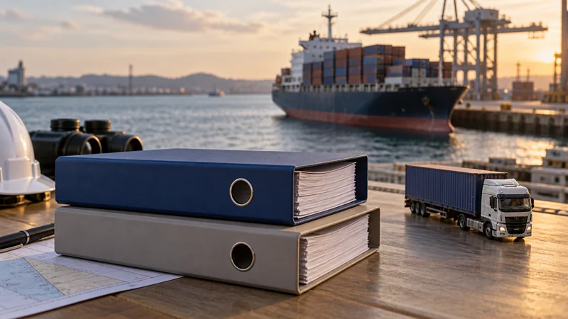 Two labelled-free shipping folders beside sea and road transport models, editorial illustration