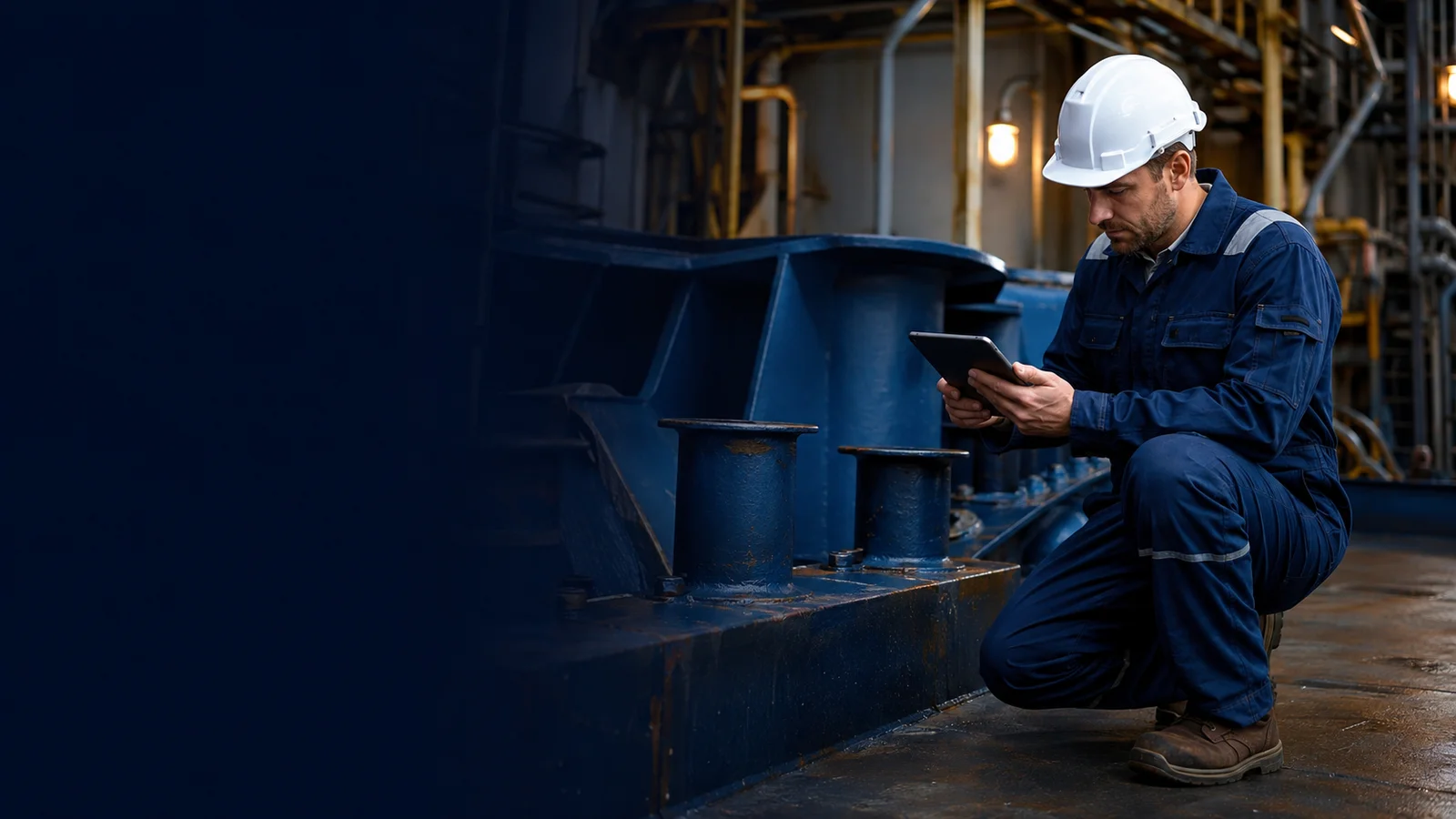 Marine surveyor examining steel ship equipment while holding a tablet