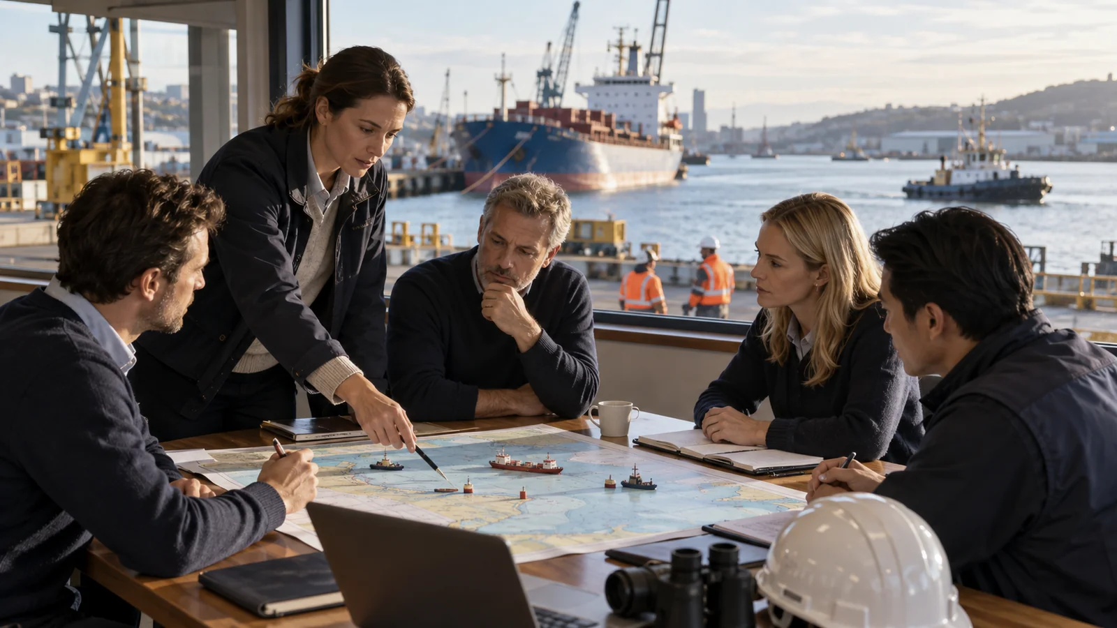 Risk allocation workshop overlooking working harbour, editorial illustration