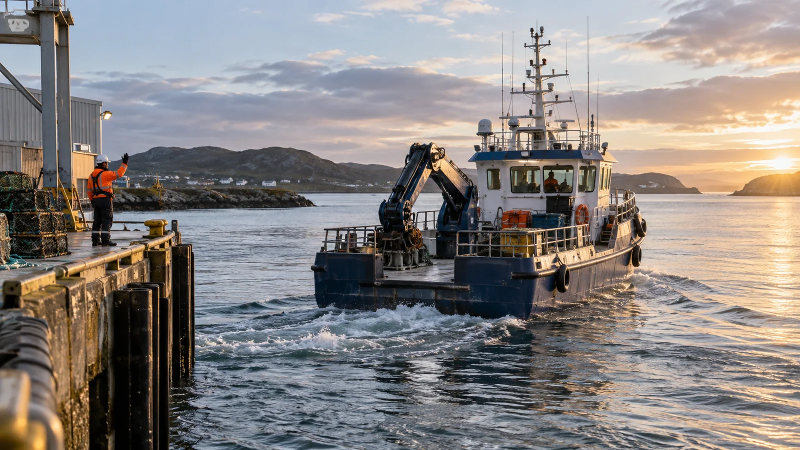 Commercial workboat departing a small industrial quay, editorial illustration