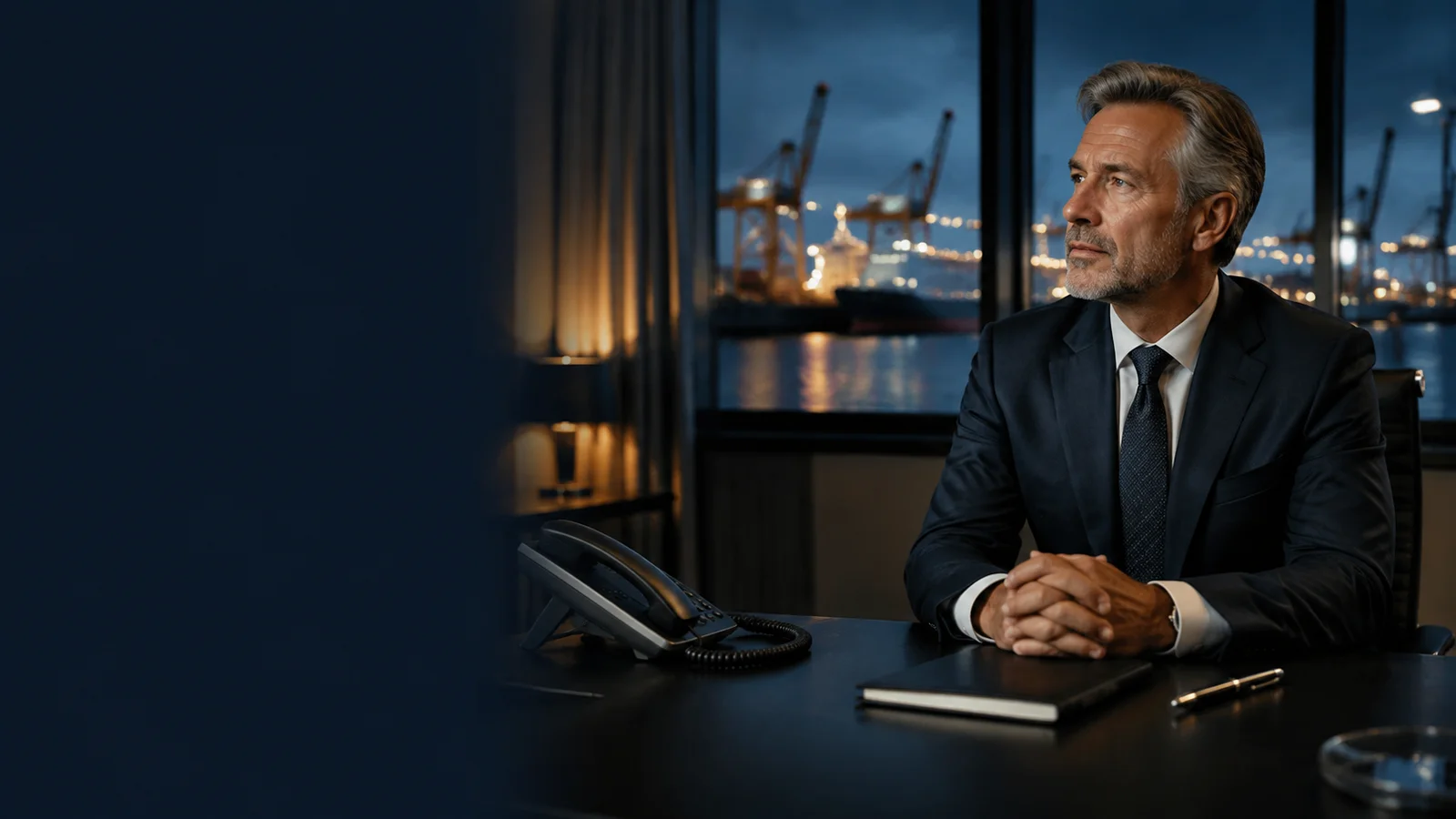 Business professional seated at a desk with a telephone overlooking a harbor at dusk