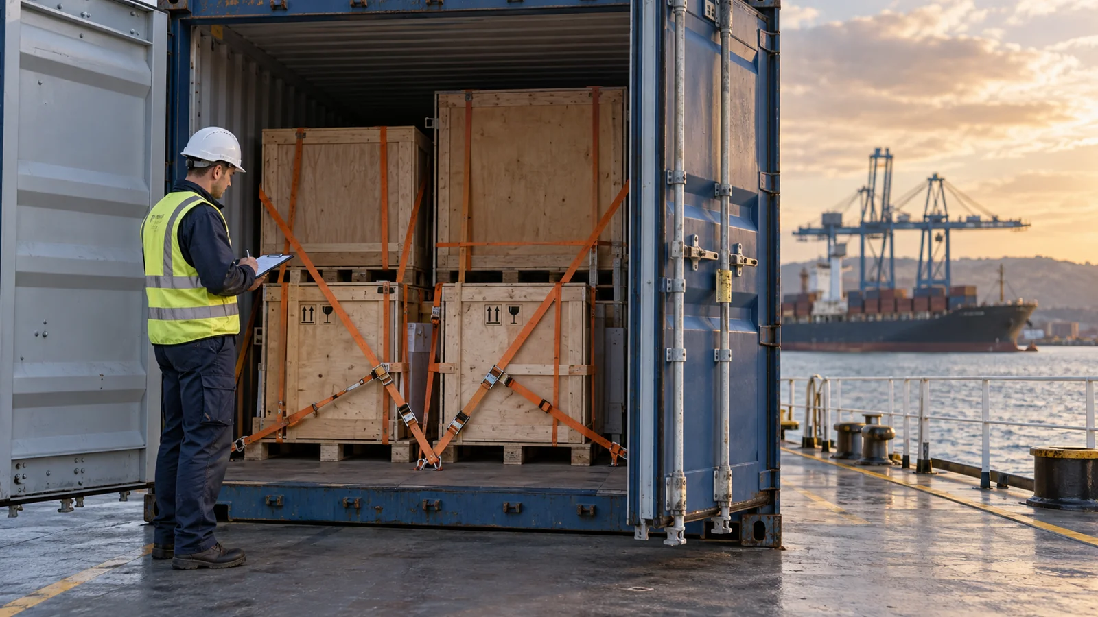 Open shipping container with carefully lashed crates and inspector, editorial illustration