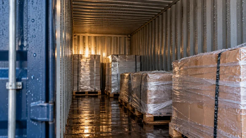 The interior of a cargo container with moisture droplets and wrapped pallets, editorial illustration