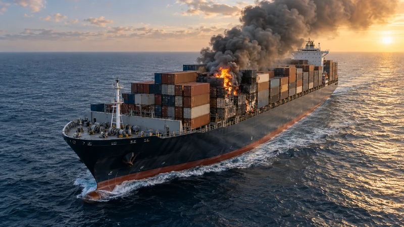 Container ship with smoke and fire among cargo stacks, editorial illustration