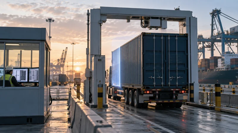 A container being scanned at a terminal gate at dawn, editorial illustration