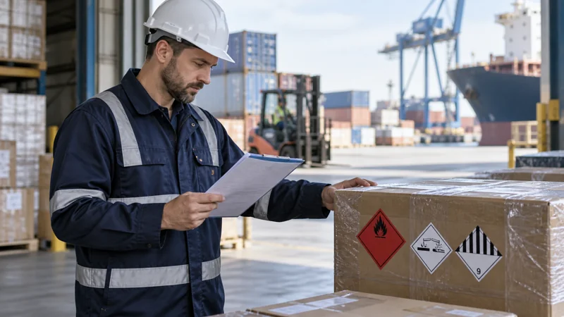 A trained warehouse worker comparing a package and shipping paperwork, editorial illustration