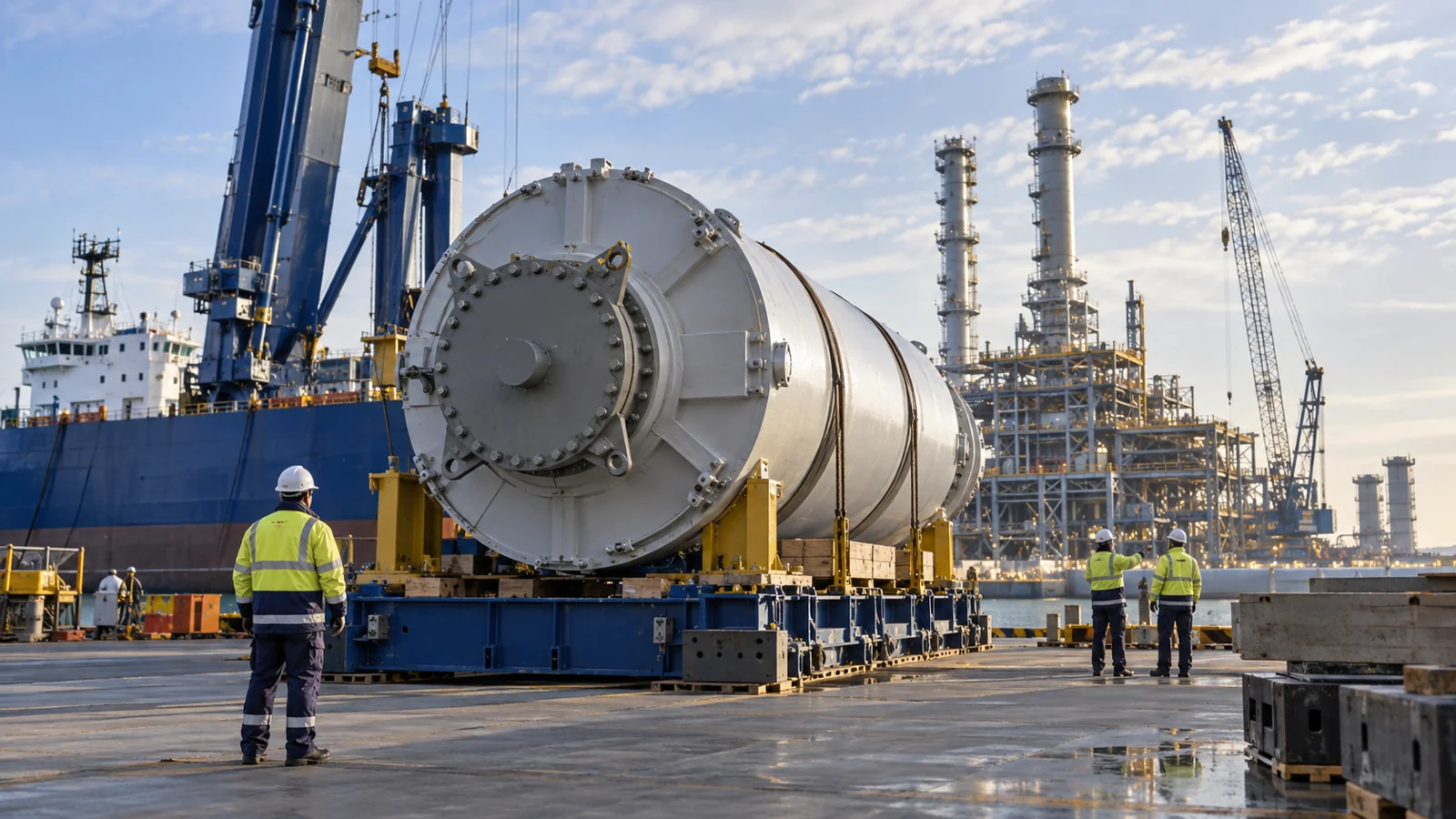 A large industrial component awaiting installation at an energy construction site, editorial illustration