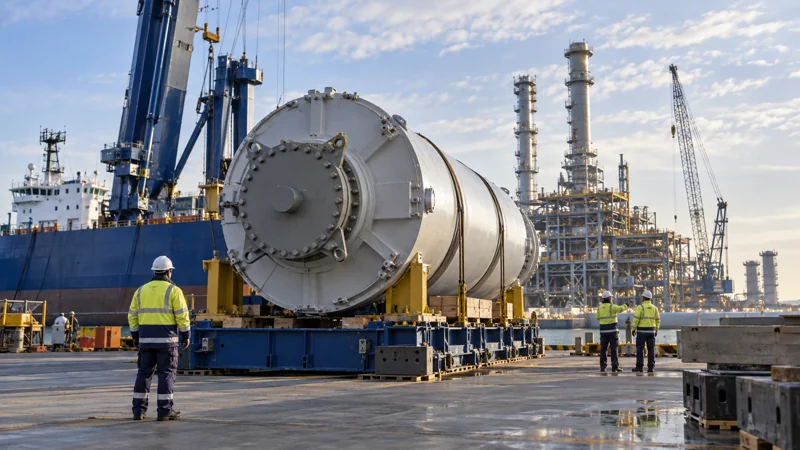 A large industrial component awaiting installation at an energy construction site, editorial illustration
