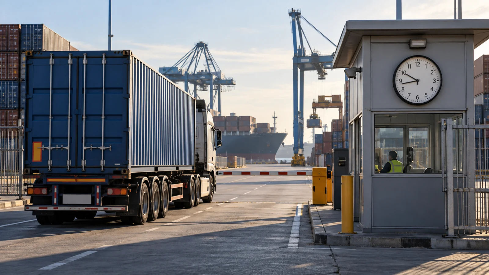 A truck waiting outside a container depot with a clock in the gatehouse, editorial illustration