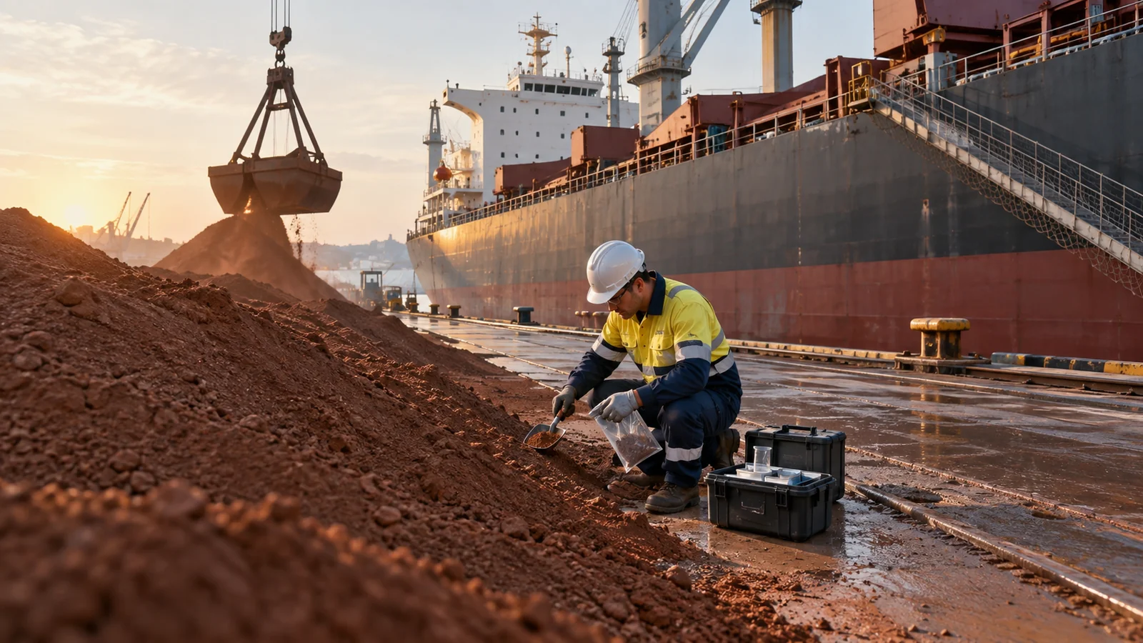 Surveyor sampling mineral cargo stockpile beside bulk carrier, editorial illustration