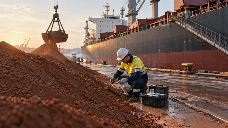 Surveyor sampling mineral cargo stockpile beside bulk carrier, editorial illustration