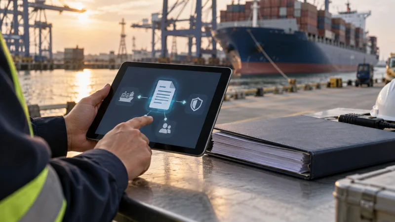 A tablet with abstract document symbols beside an unbranded shipping file, editorial illustration