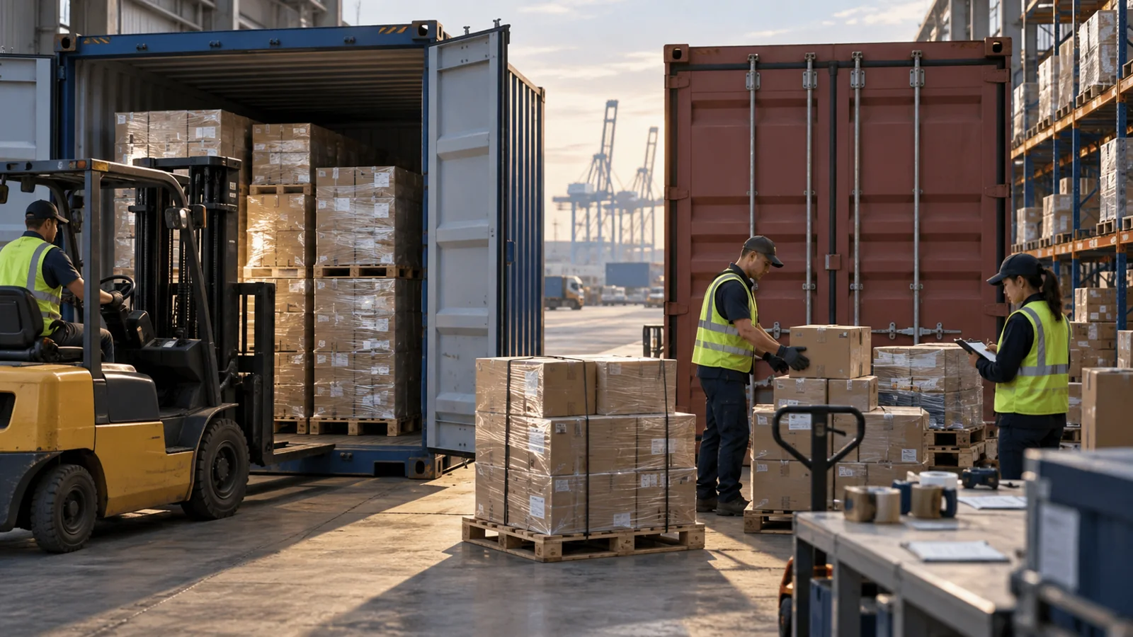 A warehouse consolidating pallets beside one open and one closed container, editorial illustration