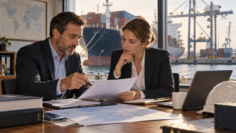 A seller and buyer reviewing cargo paperwork beside a quay-side window, editorial illustration