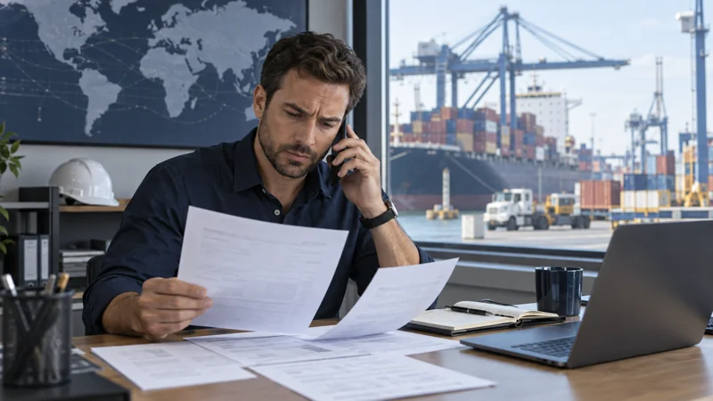 An importer comparing suspicious unbranded invoices while calling a known contact, editorial illustration