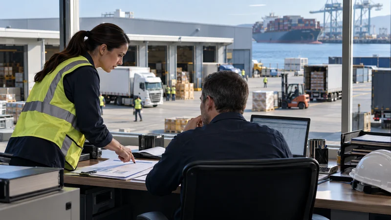 Freight forwarding operations desk overlooking warehouse truck bays, editorial illustration