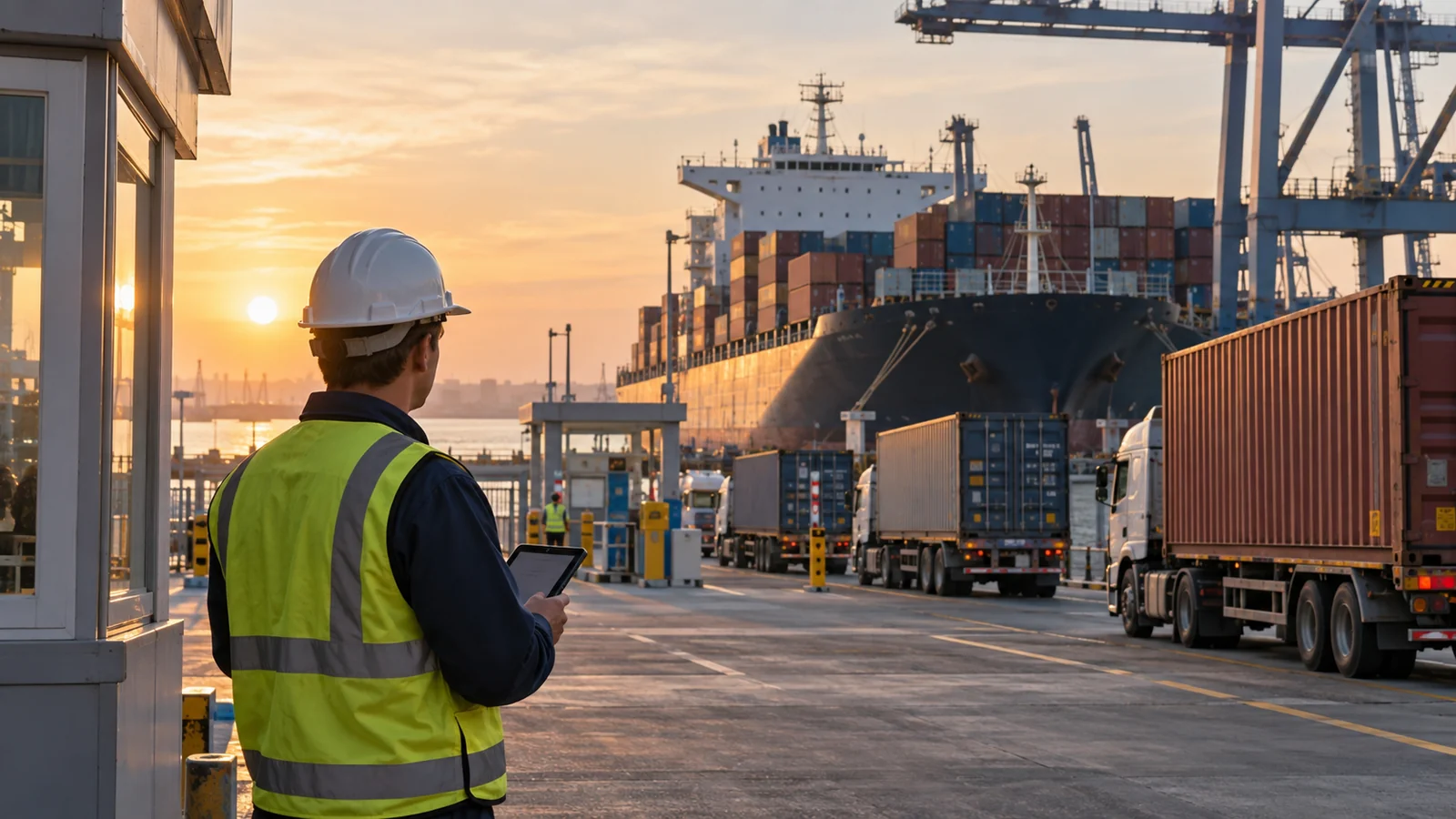 Freight forwarder watching trucks queue at seaport gate, editorial illustration