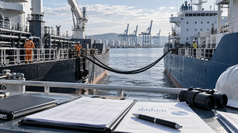 Two modern merchant vessels alongside with marine fuel documentation in foreground, editorial illustration