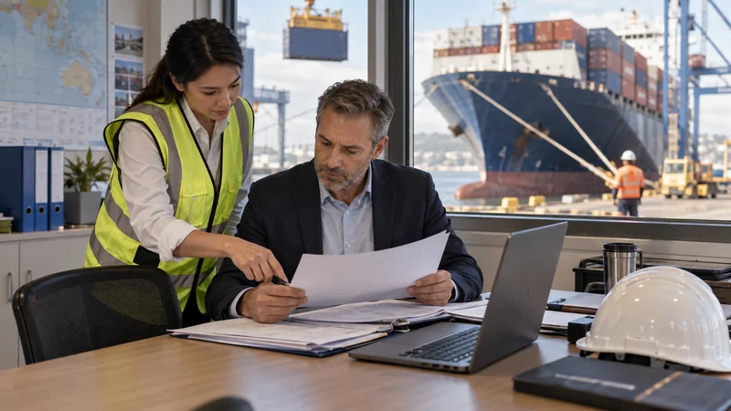 Cargo owner checking shipping release paperwork at port office, editorial illustration