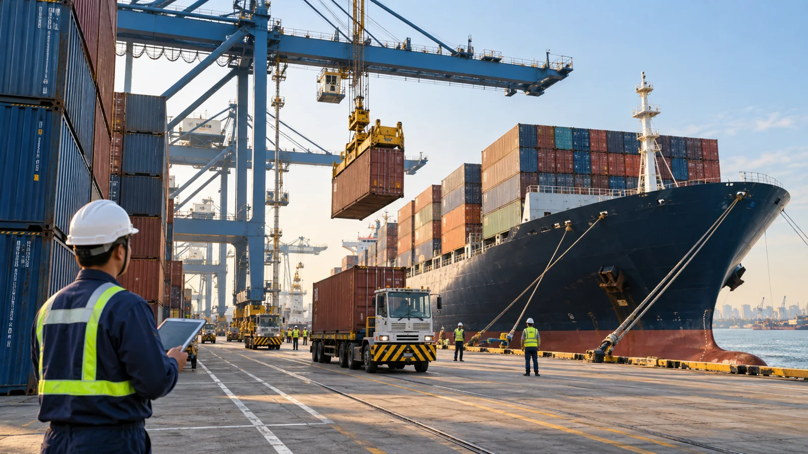Busy chinese export terminal in late summer daylight, no flags or text, editorial illustration
