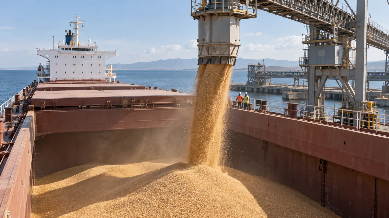 Grain loading spout above a bulk carrier hold in calm daylight, editorial illustration