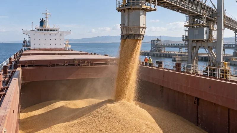 Grain loading spout above a bulk carrier hold in calm daylight, editorial illustration