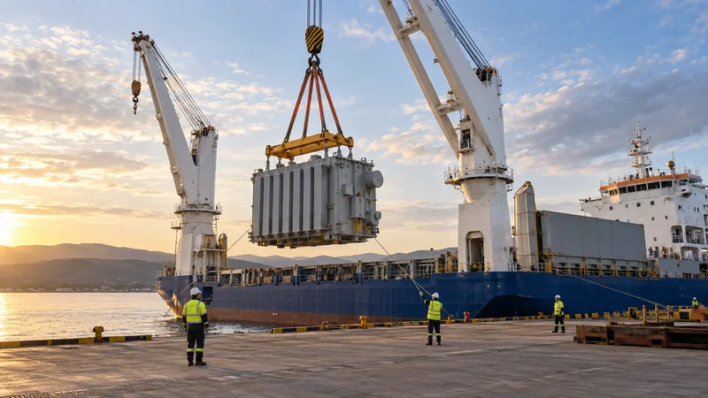 Heavy lift vessel crane moving a large transformer above a clear quay, editorial illustration