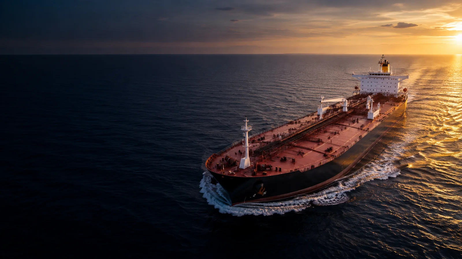Large oil tanker underway across dark blue ocean at golden dusk